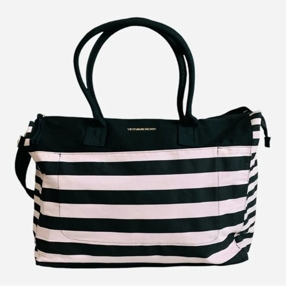 Victoria’s Secret Duffel Bag Black White Pink Stripe Canvas with Makeup Case - Picture 2 of 11